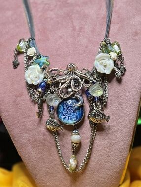 Delicate Blue & Silver-Tone Octapus Pendant Necklace with Bead & Charm Accents